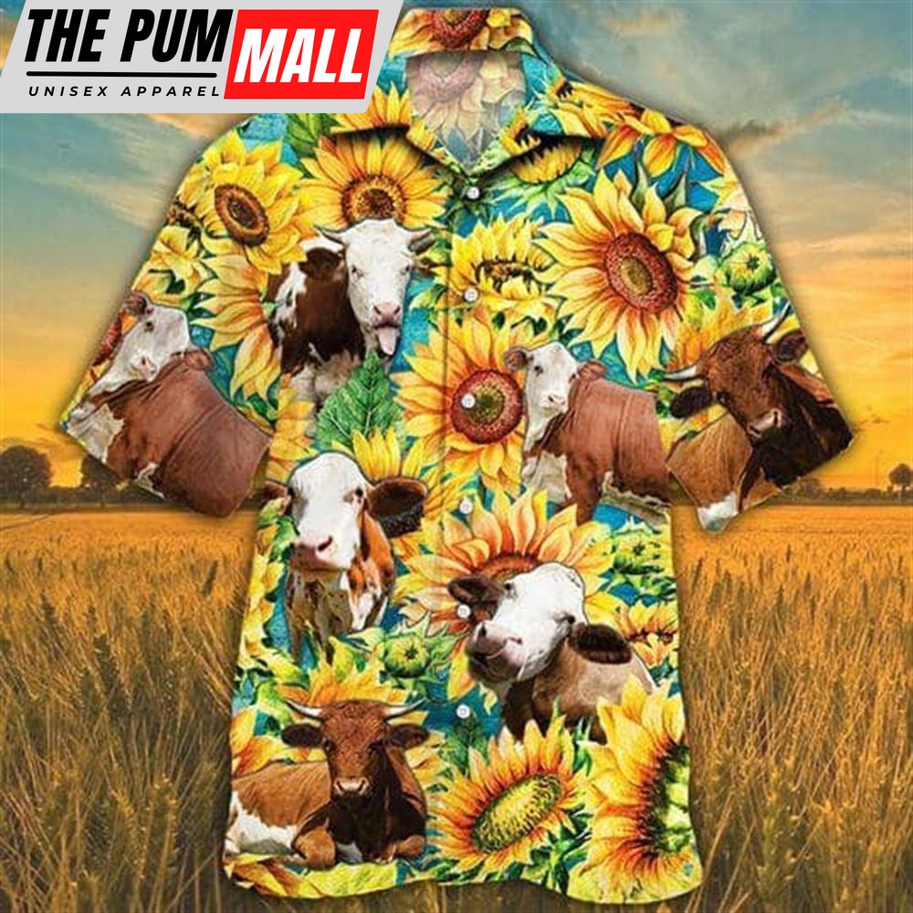 Farm Hawaiian Shirt, Sunflower Simmental Cattle All Printed 3D Hawaiian Shirt, Animal Hawaiian Shirt