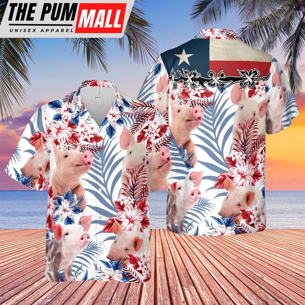 Farm Hawaiian Shirt, Texas Flag Hawaiian Theme For Pig Lovers All 3D Printed Hawaiian Shirt, Animal Hawaiian Shirt