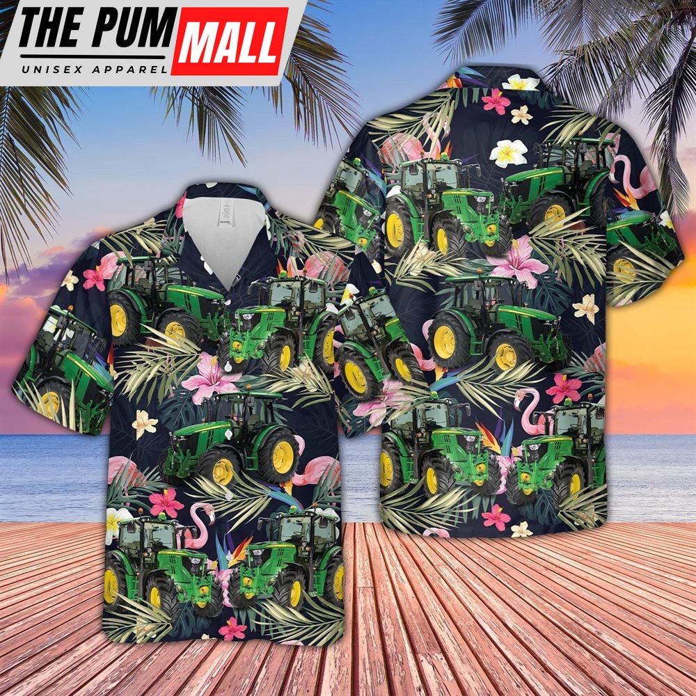 Farm Hawaiian Shirt, Tractor And Flamingo Flower Pattern 3D Hawaiian Shirt, Animal Hawaiian Shirt
