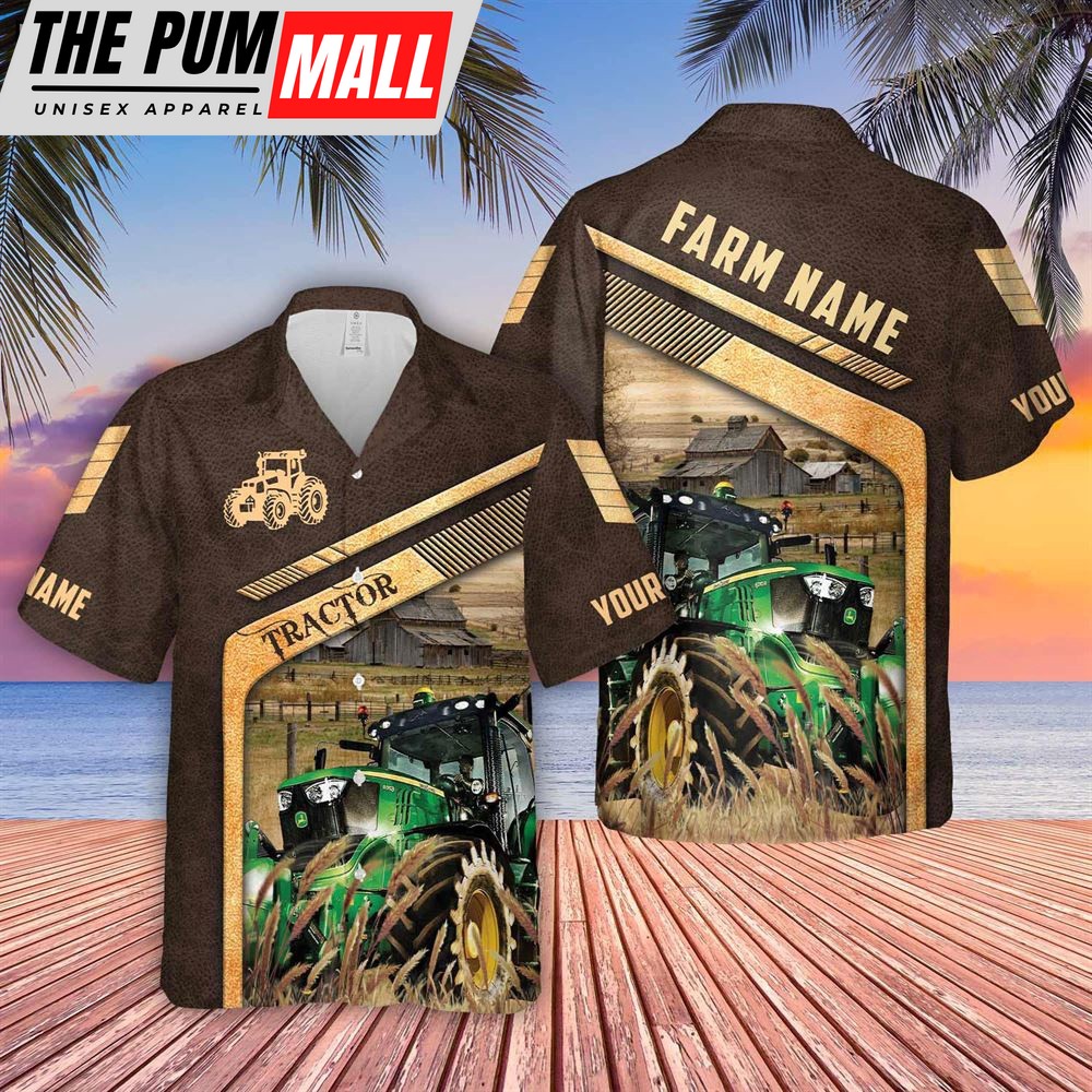 Farm Hawaiian Shirt, Tractor Brown Pattern Customized Name 3D Hawaiian Shirt, Animal Hawaiian Shirt