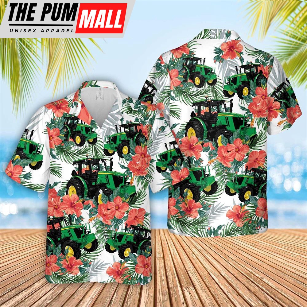 Farm Hawaiian Shirt, Tractor Cattle Hibucis Flower Pattern 3D Hawaiian Shirt, Animal Hawaiian Shirt