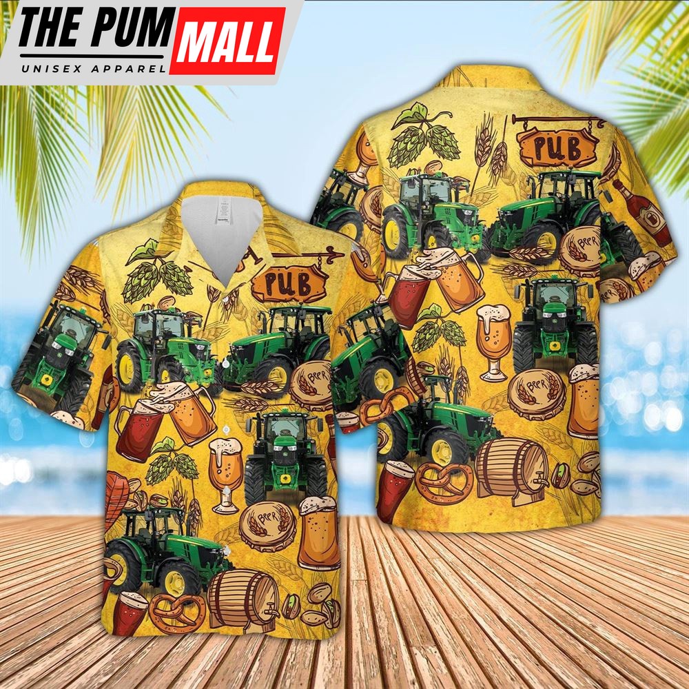 Farm Hawaiian Shirt, Tractor Drink Beer Pattern 3D Hawaiian Shirt, Animal Hawaiian Shirt
