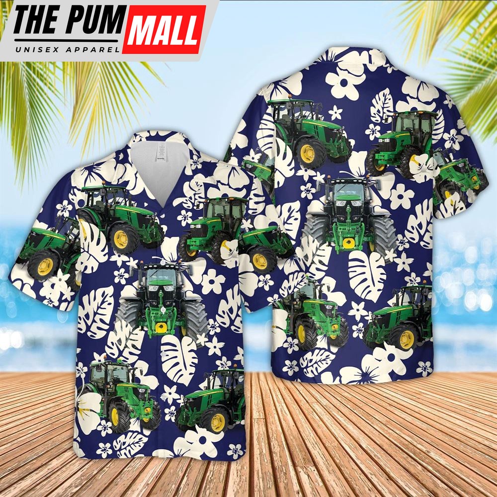 Farm Hawaiian Shirt, Tractor Flower Blue Pattern 3D Hawaiian Shirt, Animal Hawaiian Shirt