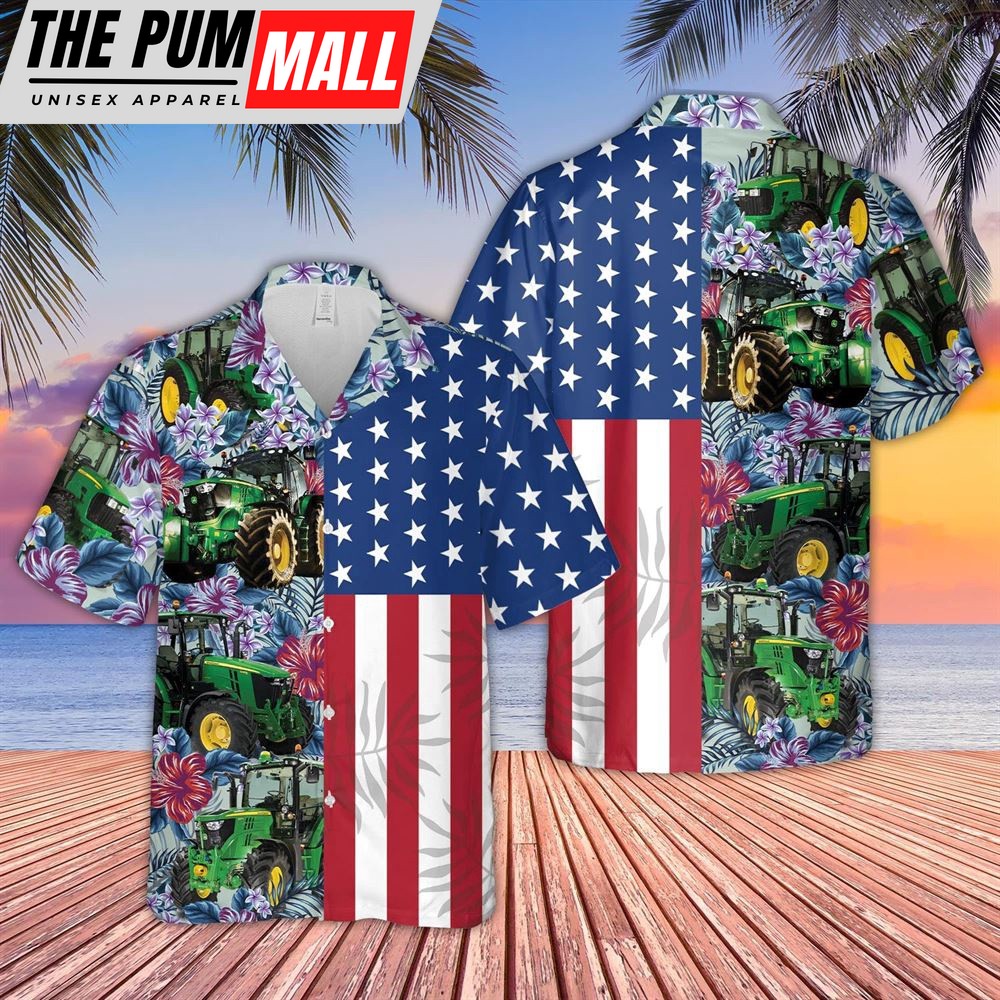 Farm Hawaiian Shirt, Tractor Flower Pattern Us Flag 3D Hawaiian Shirt, Animal Hawaiian Shirt