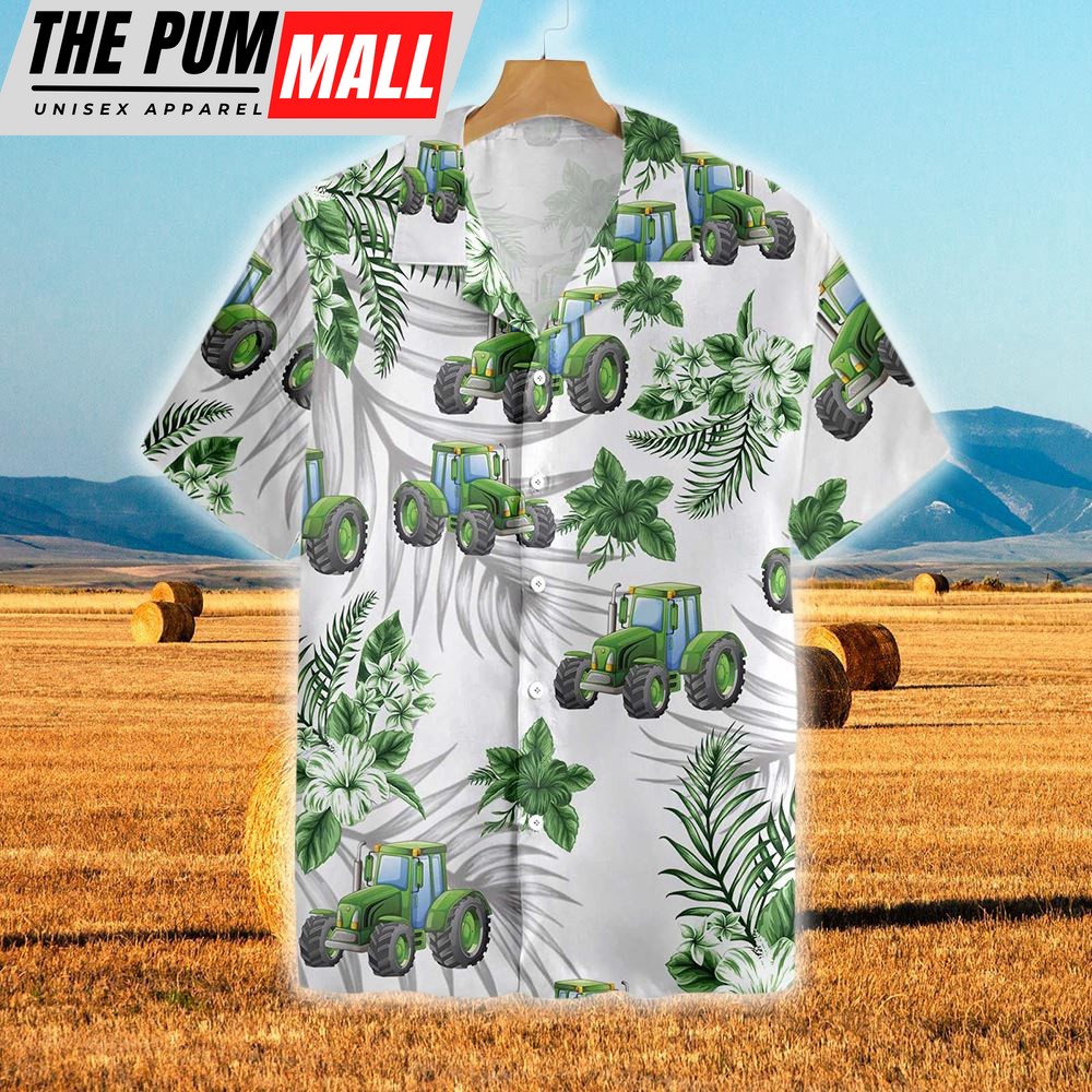 Farm Hawaiian Shirt, Tractors Green Hibiscus All Over Printed 3D Hawaiian Shirt, Animal Hawaiian Shirt
