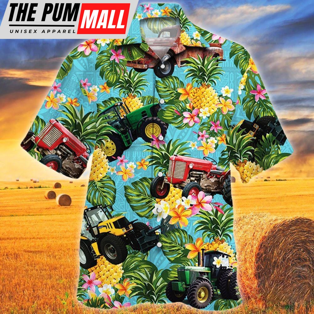Farm Hawaiian Shirt, Tractors Pineapple Tropical Plant All Over Printed 3D Hawaiian Shirt, Animal Hawaiian Shirt