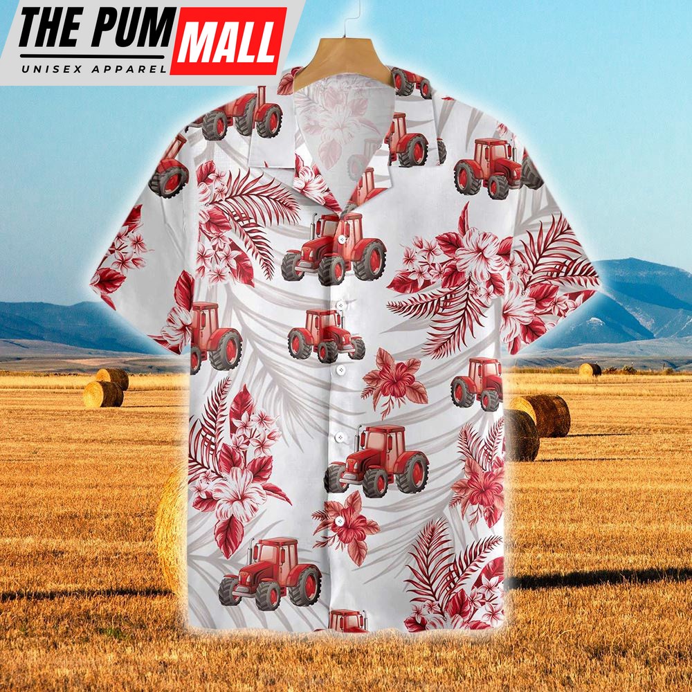 Farm Hawaiian Shirt, Tractors Red Hibiscus All Over Printed 3D Hawaiian Shirt, Animal Hawaiian Shirt