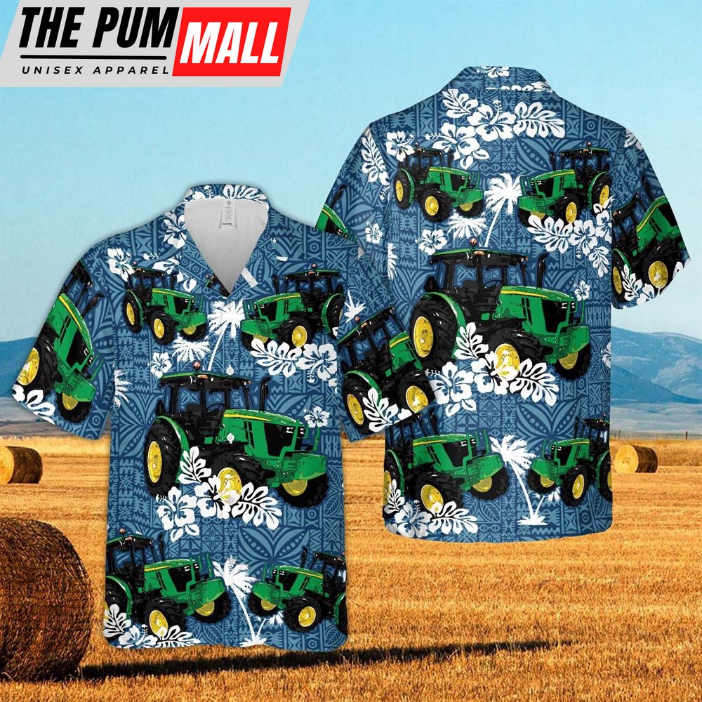 Farm Hawaiian Shirt, Tractors Tropical Leaves Blue All Over Printed 3D Hawaiian Shirt For Men And Women, Animal Hawaiian Shirt