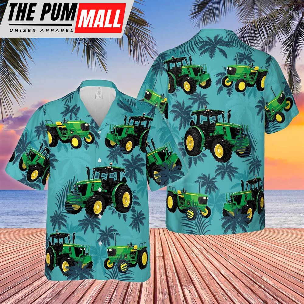 Farm Hawaiian Shirt, Tractors Tropical Plant Blue All Over Printed 3D Hawaiian Shirt, Animal Hawaiian Shirt