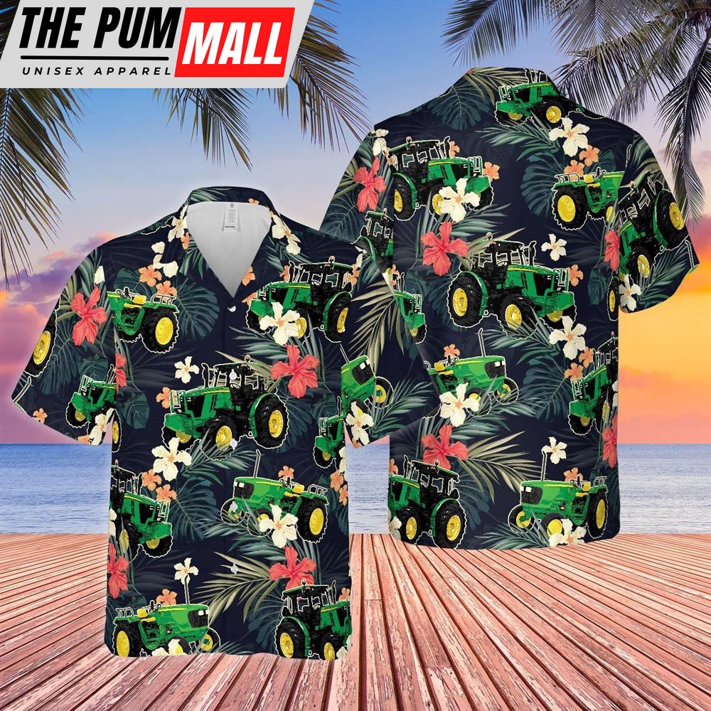 Farm Hawaiian Shirt, Tractors Tropical Plants Dark Blue All Over Printed 3D Hawaiian Shirt, Animal Hawaiian Shirt