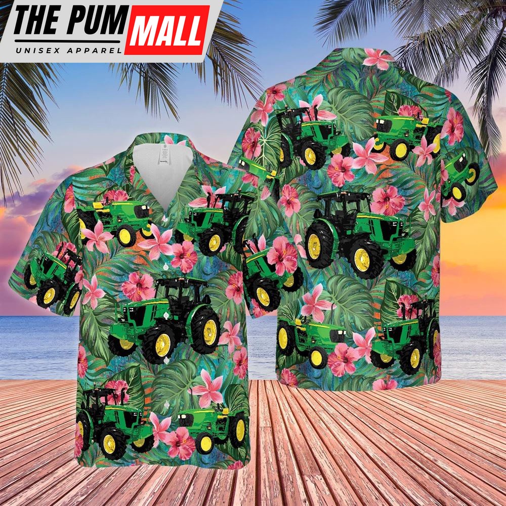 Farm Hawaiian Shirt, Tractors Tropical Plants Flower Green All Over Printed 3D Hawaiian Shirt, Animal Hawaiian Shirt
