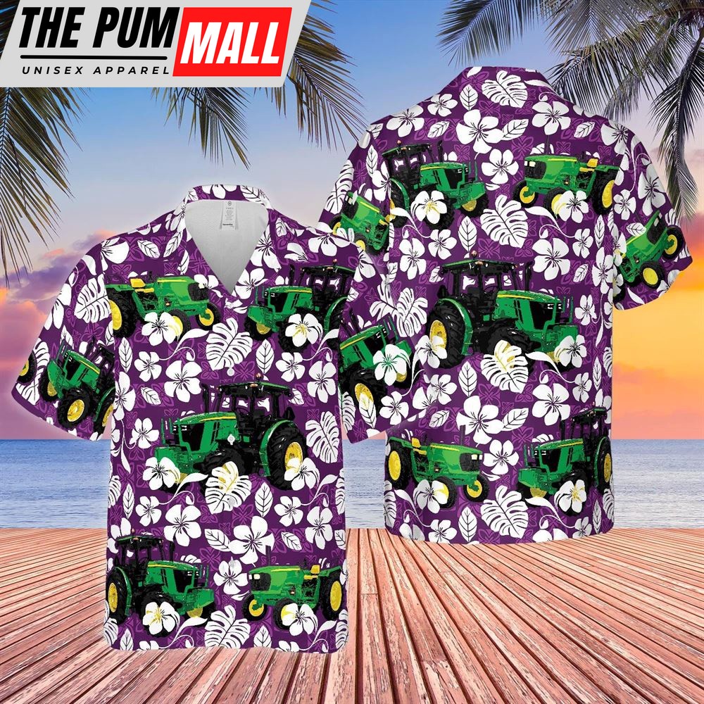 Farm Hawaiian Shirt, Tractors Tropical Plants Purple All Over Printed 3D Hawaiian Shirt, Animal Hawaiian Shirt