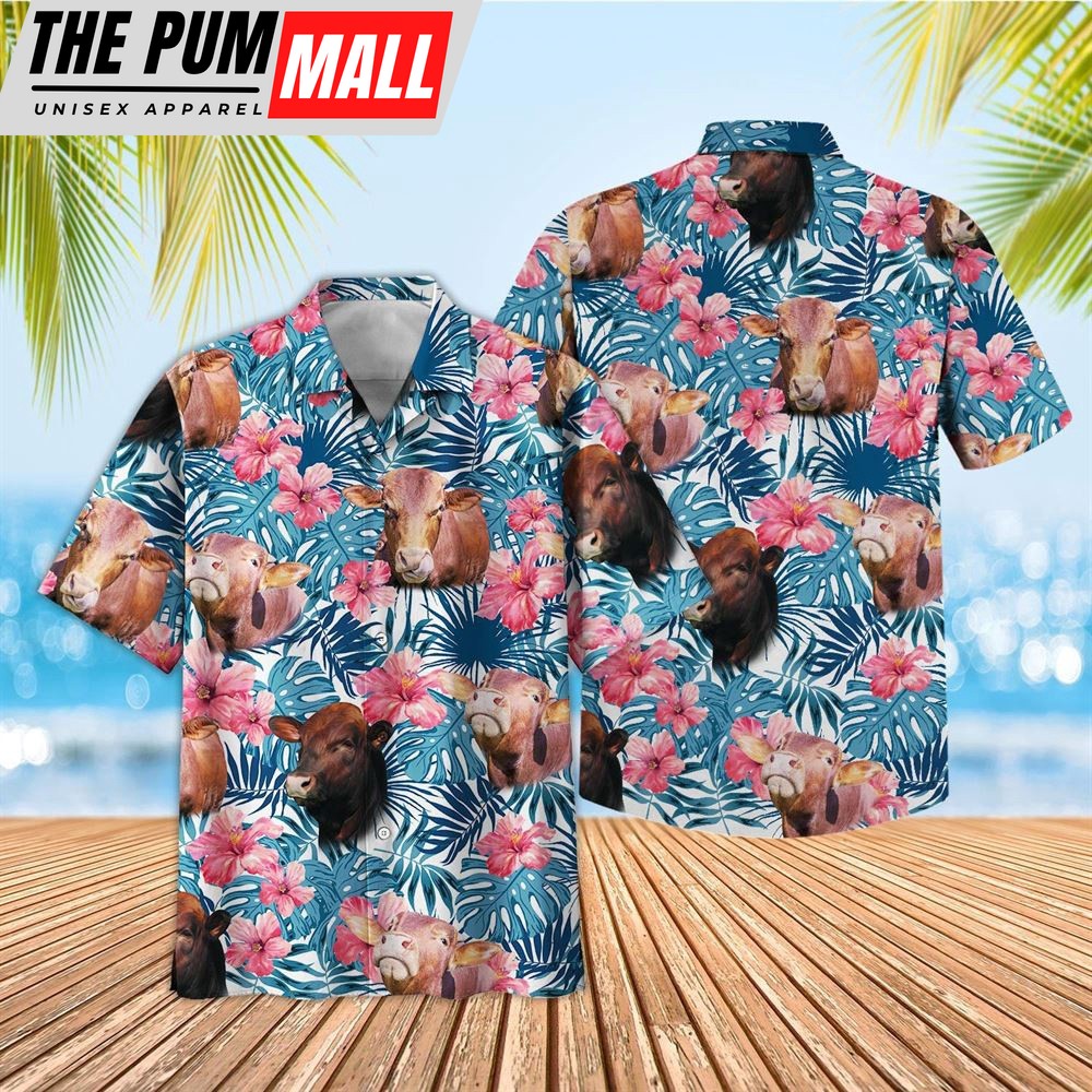 Farm Hawaiian Shirt, Tropical Beefmaster Blue Pink Floral 3D Hawaiian Shirt, Animal Hawaiian Shirt