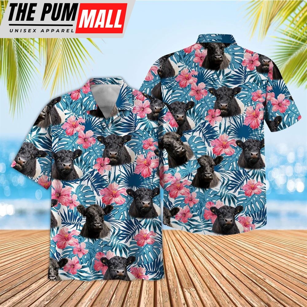 Farm Hawaiian Shirt, Tropical Belted Galloway Blue Pink Floral 3D Hawaiian Shirt, Animal Hawaiian Shirt