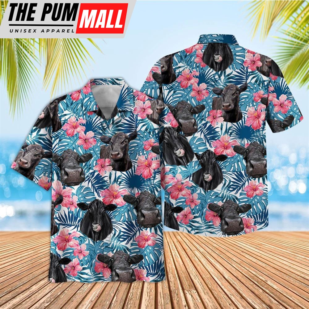 Farm Hawaiian Shirt, Tropical Black Angus Blue Pink Floral 3D Hawaiian Shirt, Animal Hawaiian Shirt