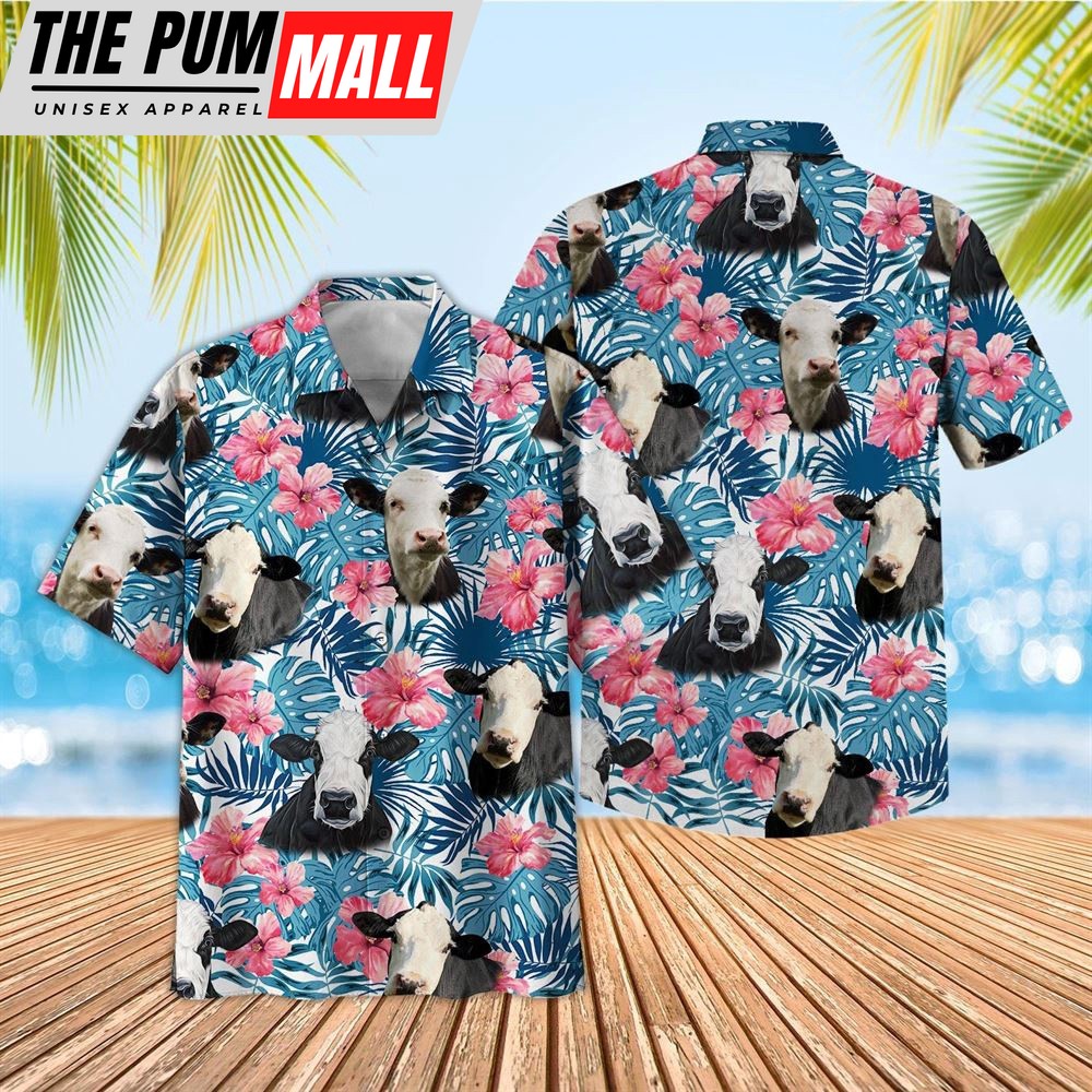Farm Hawaiian Shirt, Tropical Black Baldy Blue Pink Floral 3D Hawaiian Shirt, Animal Hawaiian Shirt