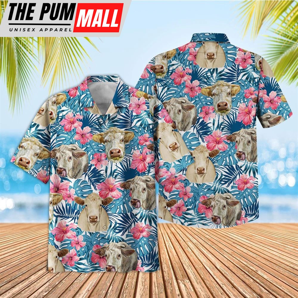 Farm Hawaiian Shirt, Tropical Charolais Blue Pink Floral 3D Hawaiian Shirt, Animal Hawaiian Shirt