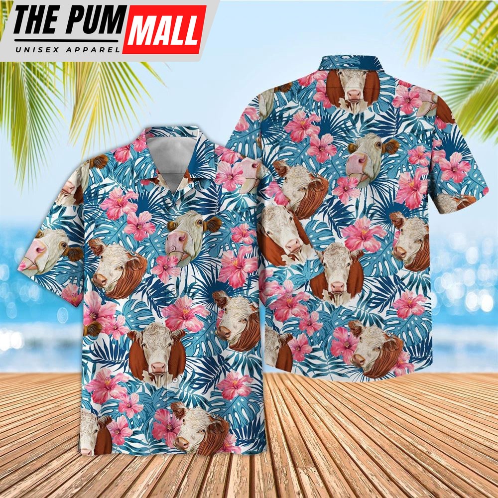 Farm Hawaiian Shirt, Tropical Hereford Blue Pink Floral 3D Hawaiian Shirt, Animal Hawaiian Shirt