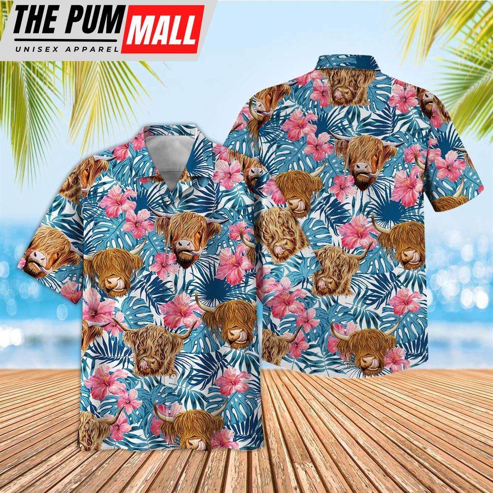 Farm Hawaiian Shirt, Tropical Highland Blue Pink Floral 3D Hawaiian Shirt, Animal Hawaiian Shirt