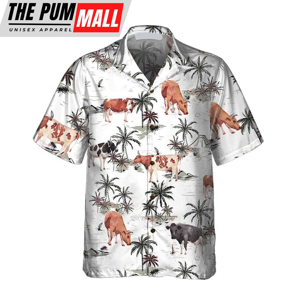 Farm Hawaiian Shirt, Tropical Island And Cows Pattern All Printed 3D Hawaiian Shirt, Animal Hawaiian Shirt