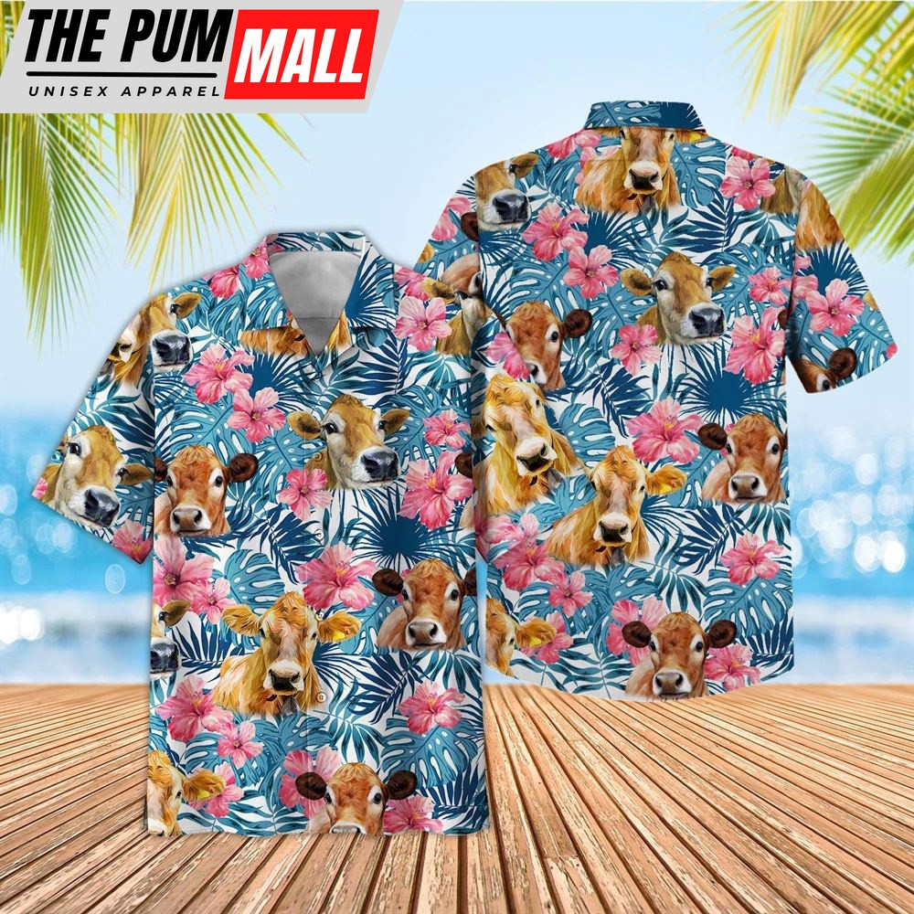 Farm Hawaiian Shirt, Tropical Jersey Blue Pink Floral 3D Hawaiian Shirt, Animal Hawaiian Shirt