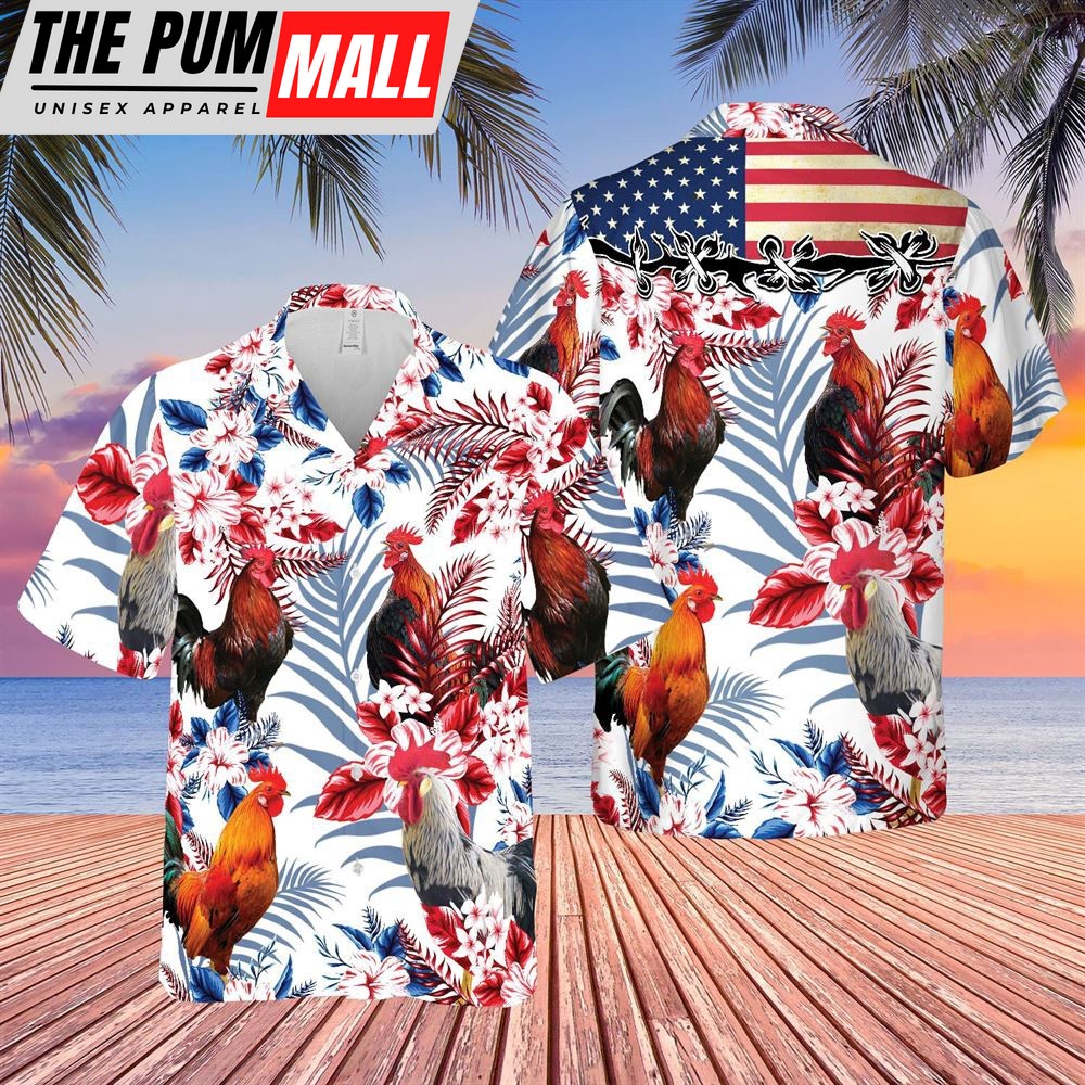 Farm Hawaiian Shirt, United States Flag Hawaiian Theme For Chicken Lovers All 3D Printed Hawaiian Shirt, Animal Hawaiian Shirt