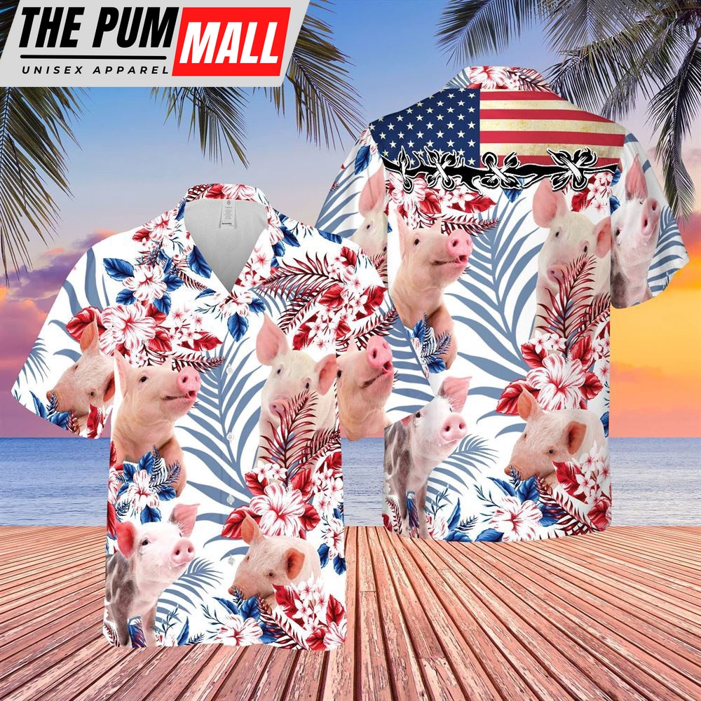 Farm Hawaiian Shirt, United States Flag Hawaiian Theme For Pig Lovers All 3D Printed Hawaiian Shirt, Animal Hawaiian Shirt