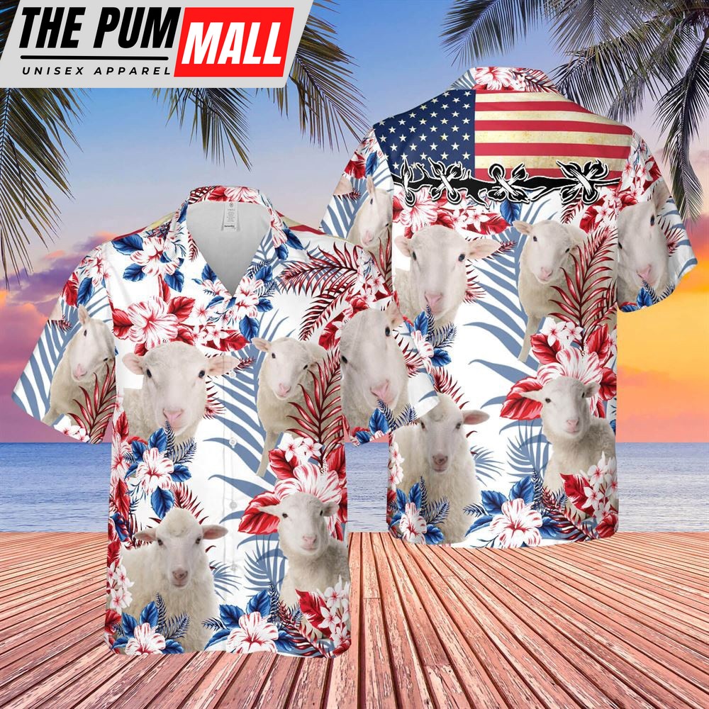Farm Hawaiian Shirt, United States Flag Hawaiian Theme For Sheep Lovers All 3D Printed Hawaiian Shirt, Animal Hawaiian Shirt