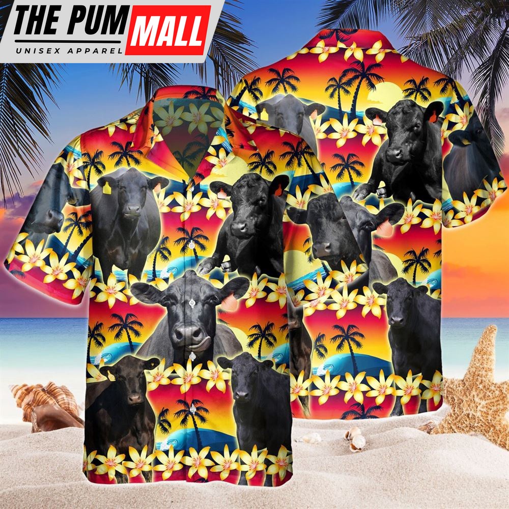 Farm Hawaiian Shirt, Vintage Black Angus Tropical Sunset Hibiscus And Palm Tree All Over Printed 3D Hawaiian, Animal Hawaiian Shirt