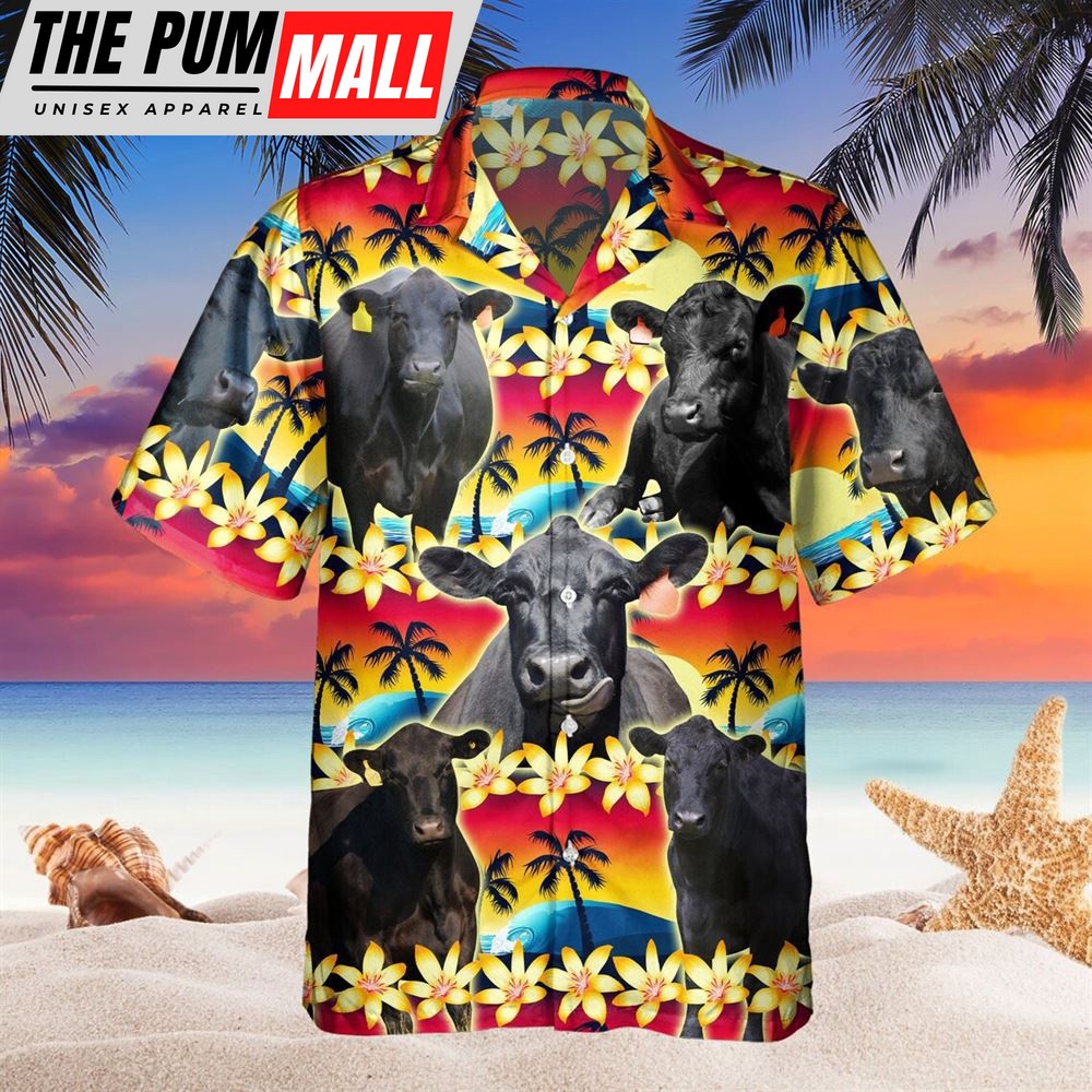 Farm Hawaiian Shirt, Vintage Black Angus Tropical Sunset Hibiscus And Palm Tree All Over Printed 3D Hawaiian Shirt, Animal Hawaiian Shirt