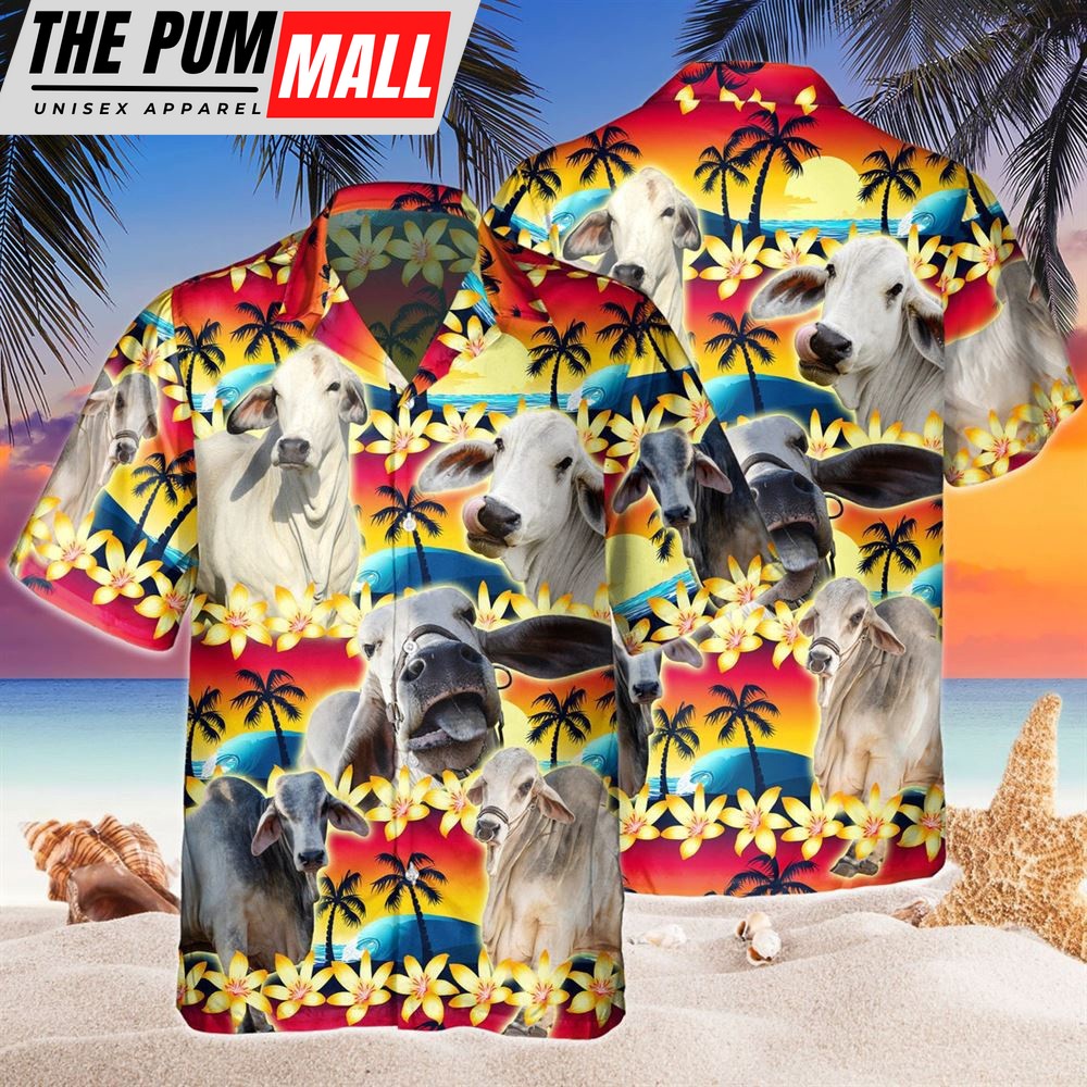 Farm Hawaiian Shirt, Vintage Brahman Tropical Sunset Hibiscus And Palm Tree All Over Printed 3D Hawaiian, Animal Hawaiian Shirt