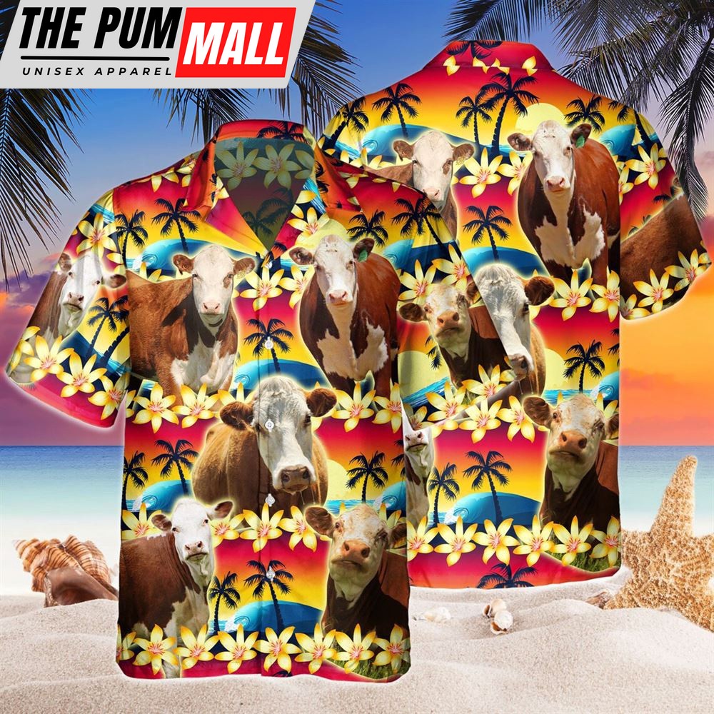Farm Hawaiian Shirt, Vintage Hereford Tropical Sunset Hibiscus And Palm Tree All Over Printed 3D Hawaiian Shirt, Animal Hawaiian Shirt
