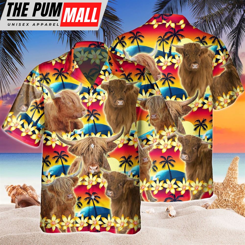 Farm Hawaiian Shirt, Vintage Highland Tropical Sunset Hibiscus And Palm Tree All Over Printed 3D Hawaiian Shirt, Animal Hawaiian Shirt