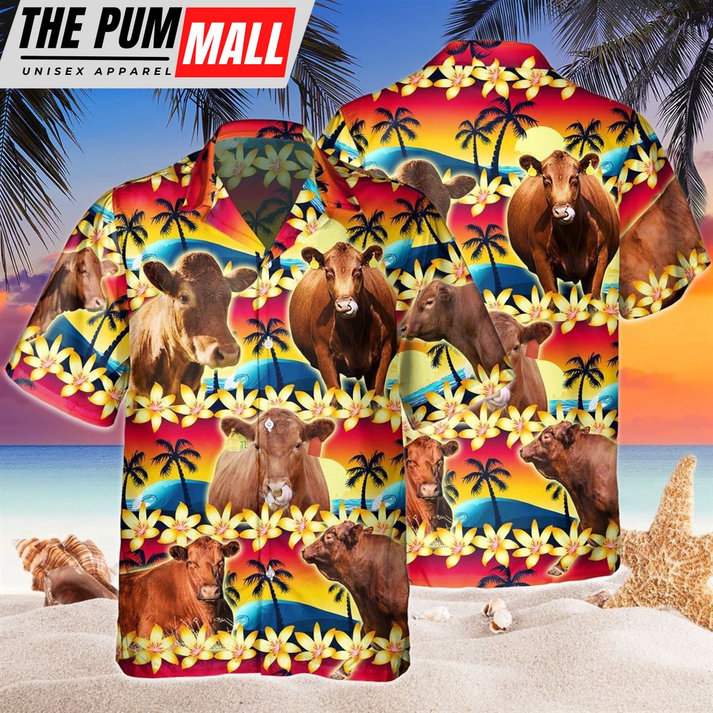 Farm Hawaiian Shirt, Vintage Red Angus Tropical Sunset Hibiscus And Palm Tree All Over Printed 3D Hawaiian Shirt, Animal Hawaiian Shirt