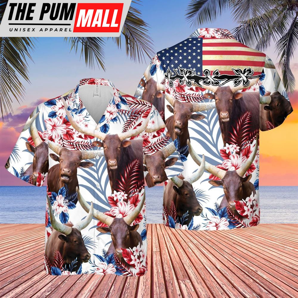 Farm Hawaiian Shirt, Watusi American Flag Hawaiian Flowers Hawaiian Shirt, Animal Hawaiian Shirt