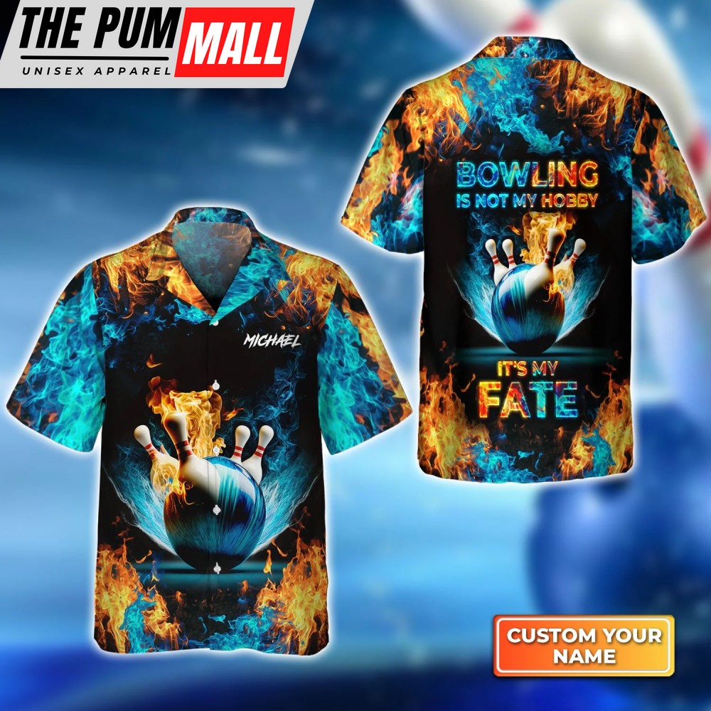Fateful 3D Hawaiian Shirt: Blue Bowling Ball & Pins on Fire – Personalized Name