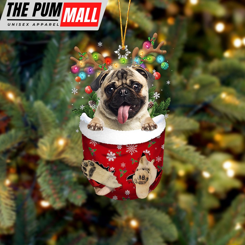 Fawn Pug In Snow Pocket Christmas Ornament – Two Sided Christmas Plastic Hanging Limited Edition