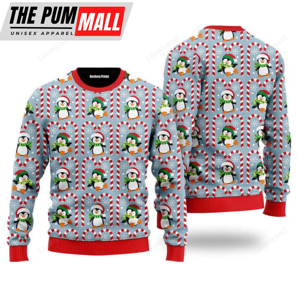 Festive Christmas Penguin Ugly Sweater Men Women Adults Candy Pattern