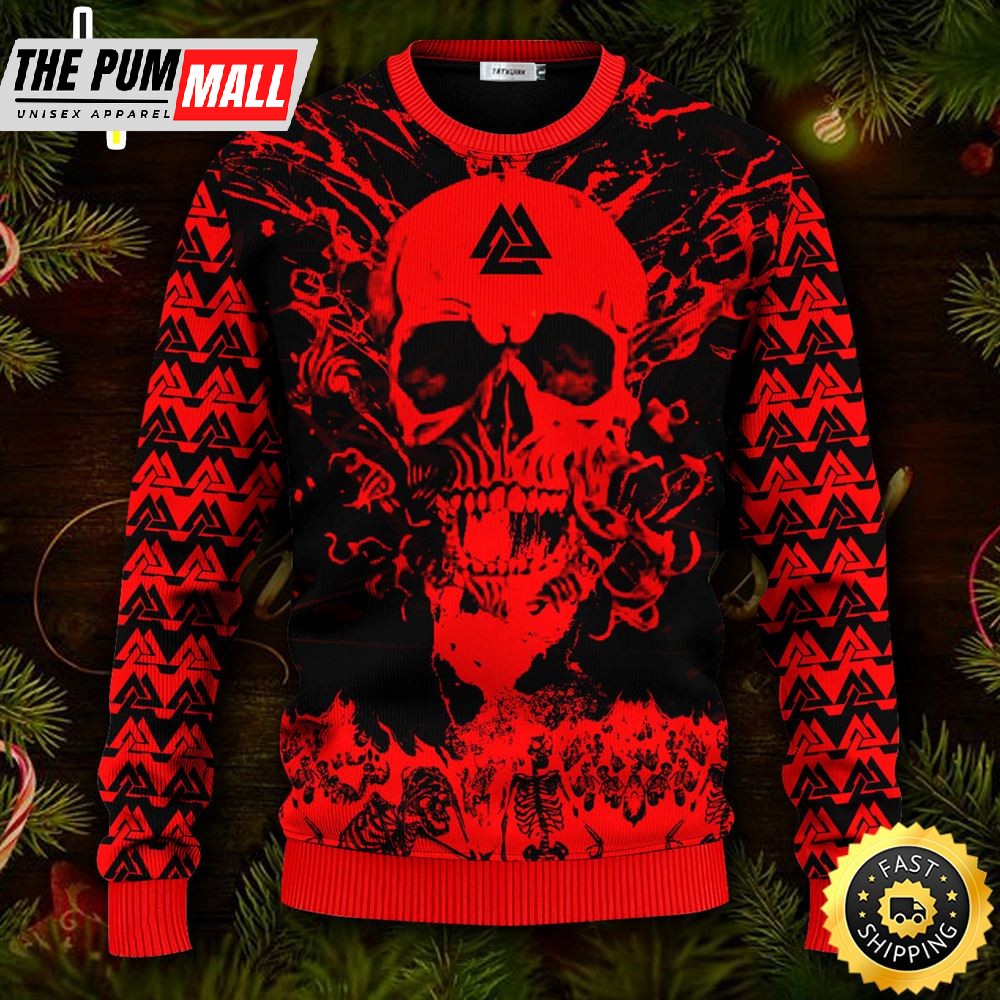 Fire God Of Death Valknut Viking Ugly Christmas Skull Sweater Christmas