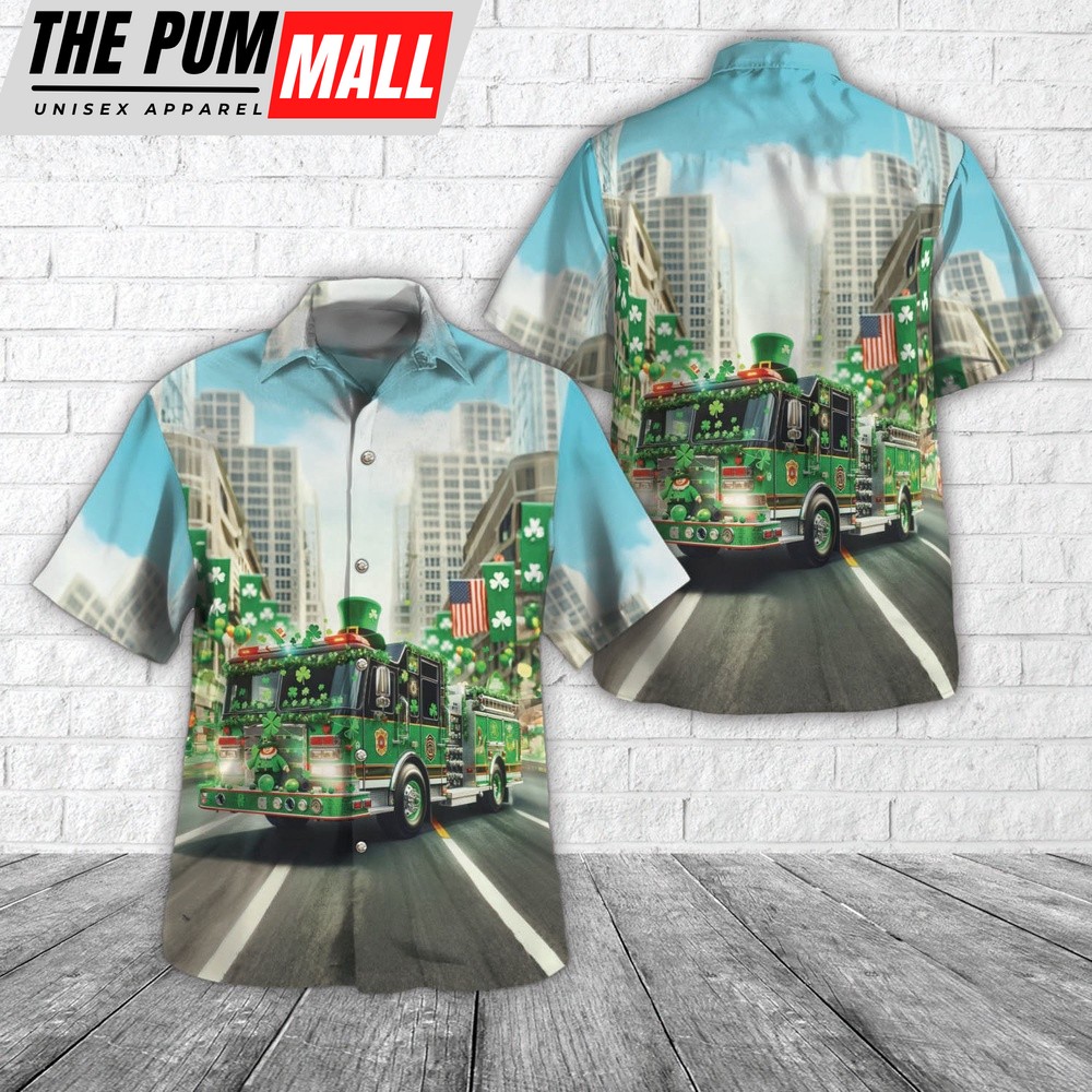 Fire Truck Shamrock Hawaiian Shirt, Shamrock Hawaiian Shirt