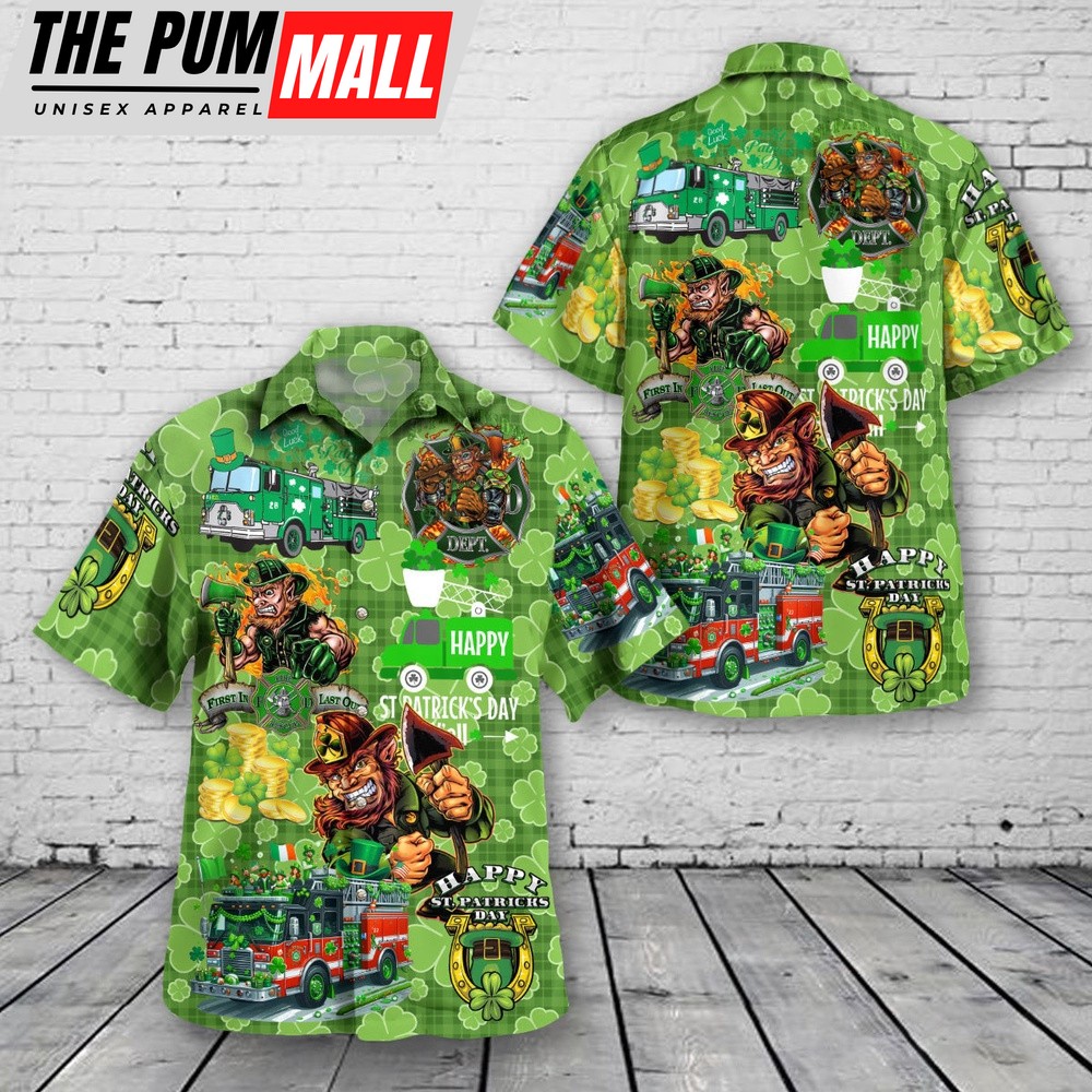 Fire Truck St Patrick’s Day Hawaiian Shirt, Shamrock Hawaiian Shirt