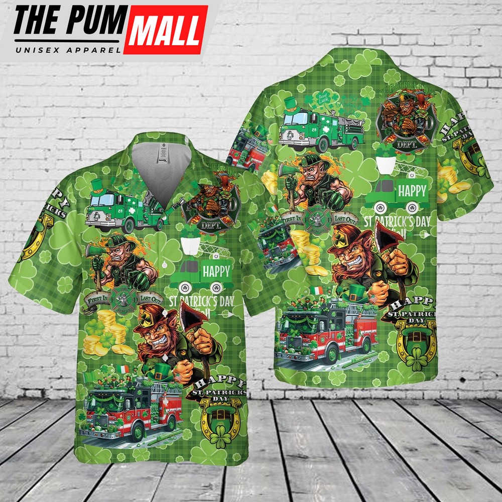 Fire Truck St Patrick’s Day Pocket Hawaiian Shirt, Shamrock Hawaiian Shirt