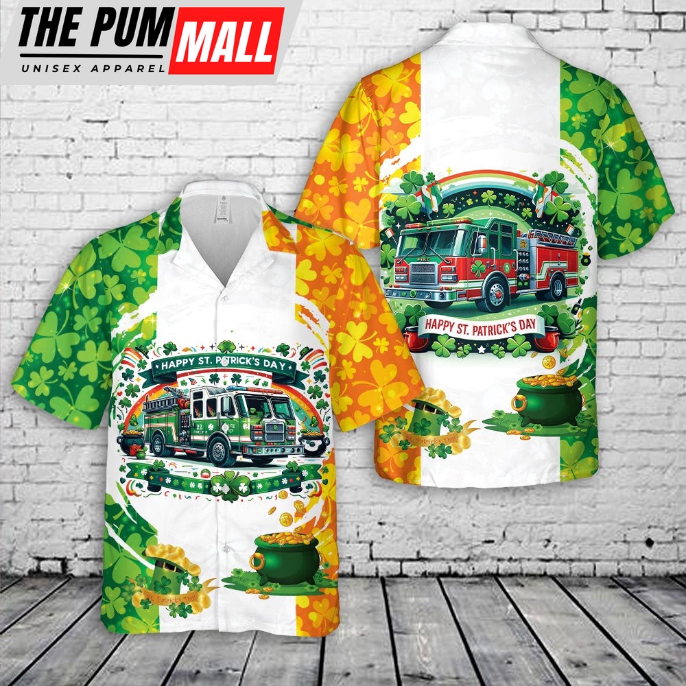 Fire Truck St Patty’s Aloha Shirt, Shamrock Hawaiian Shirt