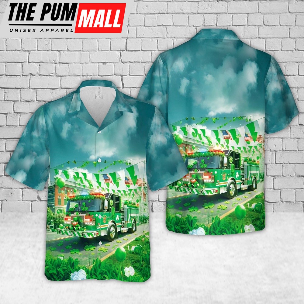 Fire Truck St Patty’s Day Hawaiian Shirt, Shamrock Hawaiian Shirt