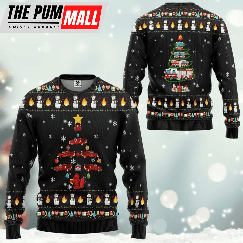 Firefighter Truck Tree Ugly Christmas Sweater, Gift For Christmas