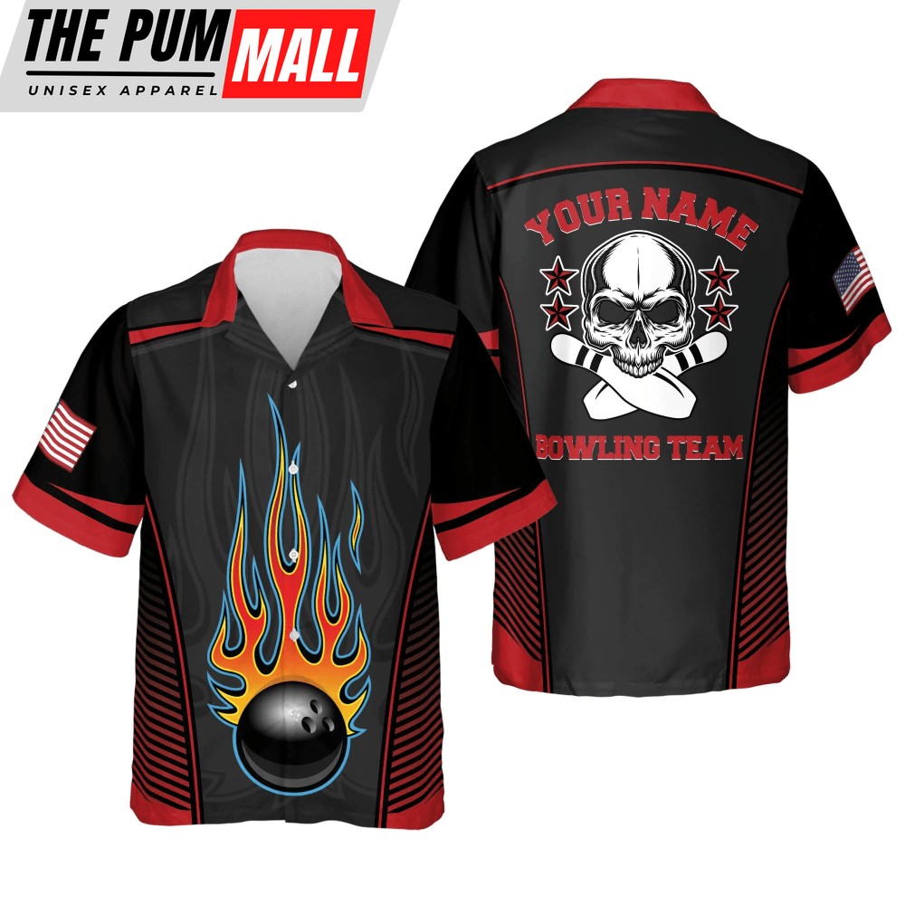 Flame Skull Button-Down Hawaiian Bowling Shirt – Perfect Bowling Team Gift