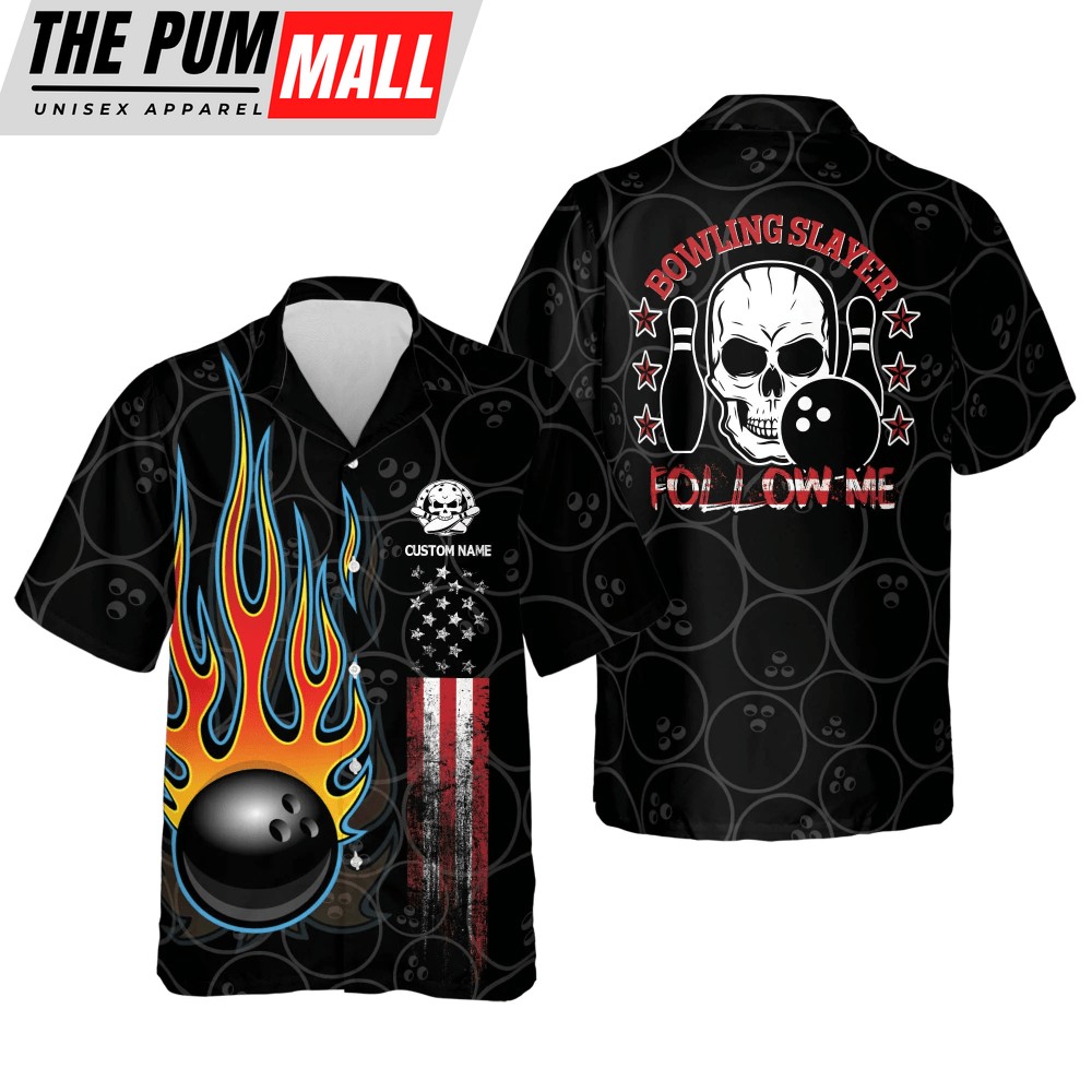 Flame Skull Hawaiian Shirt: Bowling Team Gift & Follow Me Button-Down – Shop Now!