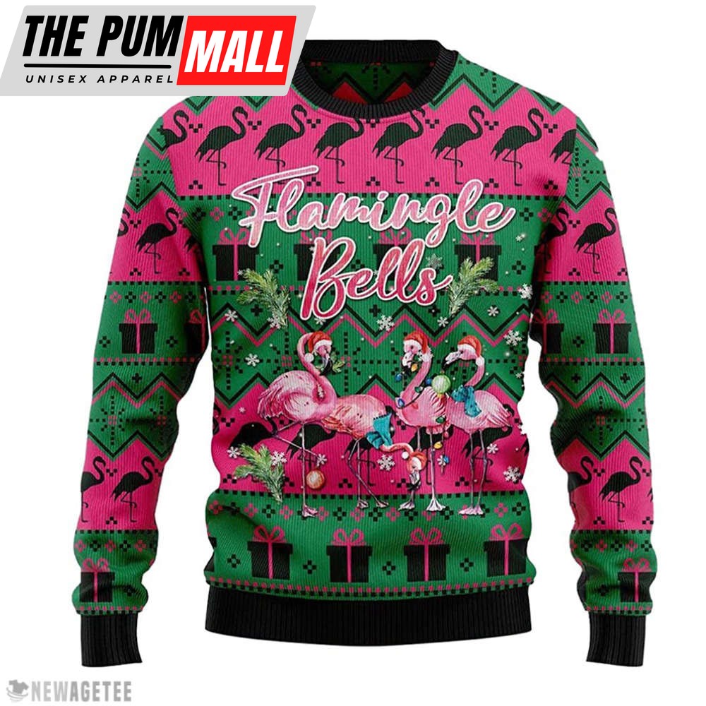 Flamingle Bells Flamingo Santa Unisex Wool Ugly Christmas Sweater