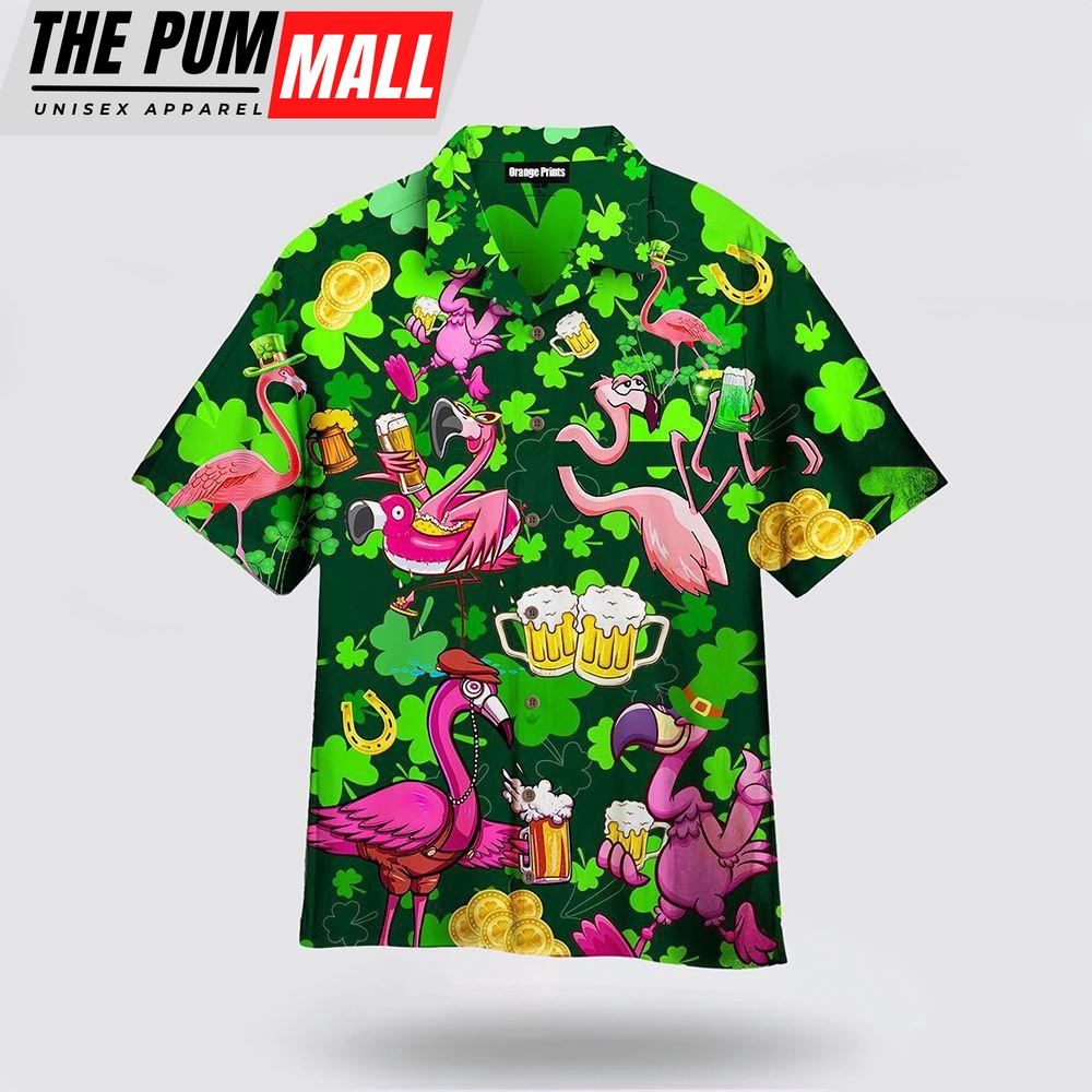 Flamingo And Beer Patrick’s day Hawaiian Shirt, St Patricks Day Shirts, Shamrock Hawaiian Shirt