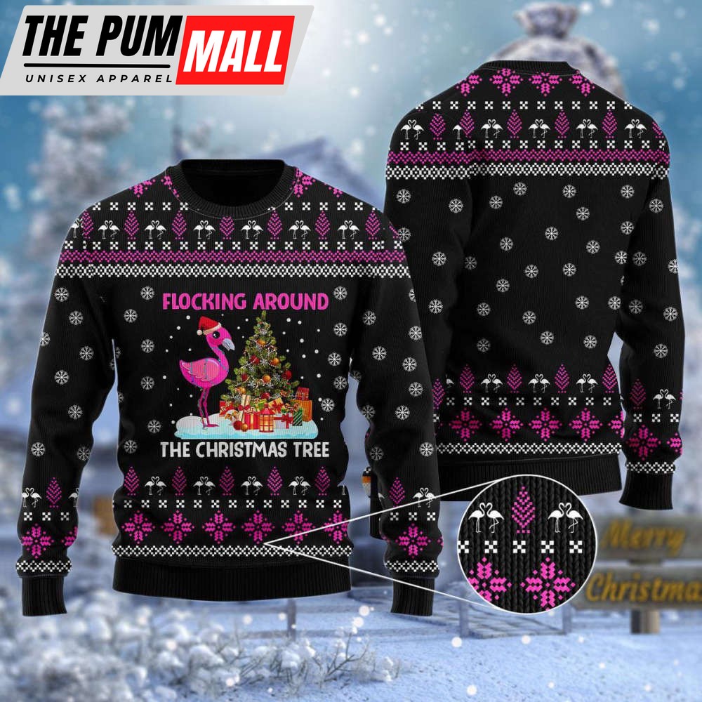 Flamingo Flocking Around The Christmas Tree Ugly Sweater
